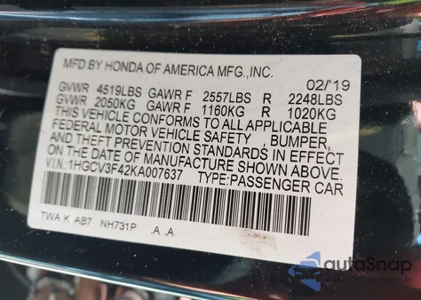 2019 Honda Accord Hybrid Ex z USA, uszkodzony, nr VIN 1HGCV3F42KA007637